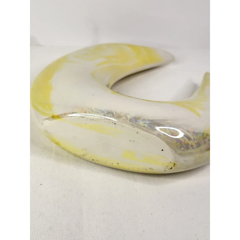 Vintage Iridescent Yellow Marbled Ceramic Crescent Moon Vase Art Pottery 8.5